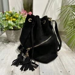 Borsa a Secchiello con Frange Cuoio in Pelle Nabuk Vintage