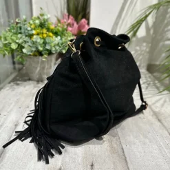 Borsa a Secchiello con Frange Nera in Pelle Nabuk Vintage