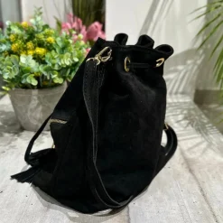 Borsa a Secchiello con Frange Cuoio in Pelle Nabuk Vintage
