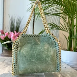 Borsa con Catena Dorata in Pelle Effetto Vintage Acquamarina