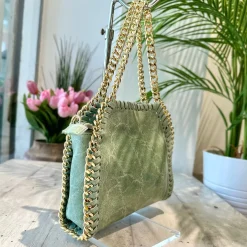 Borsa con Catena Dorata in Pelle Effetto Vintage Acquamarina