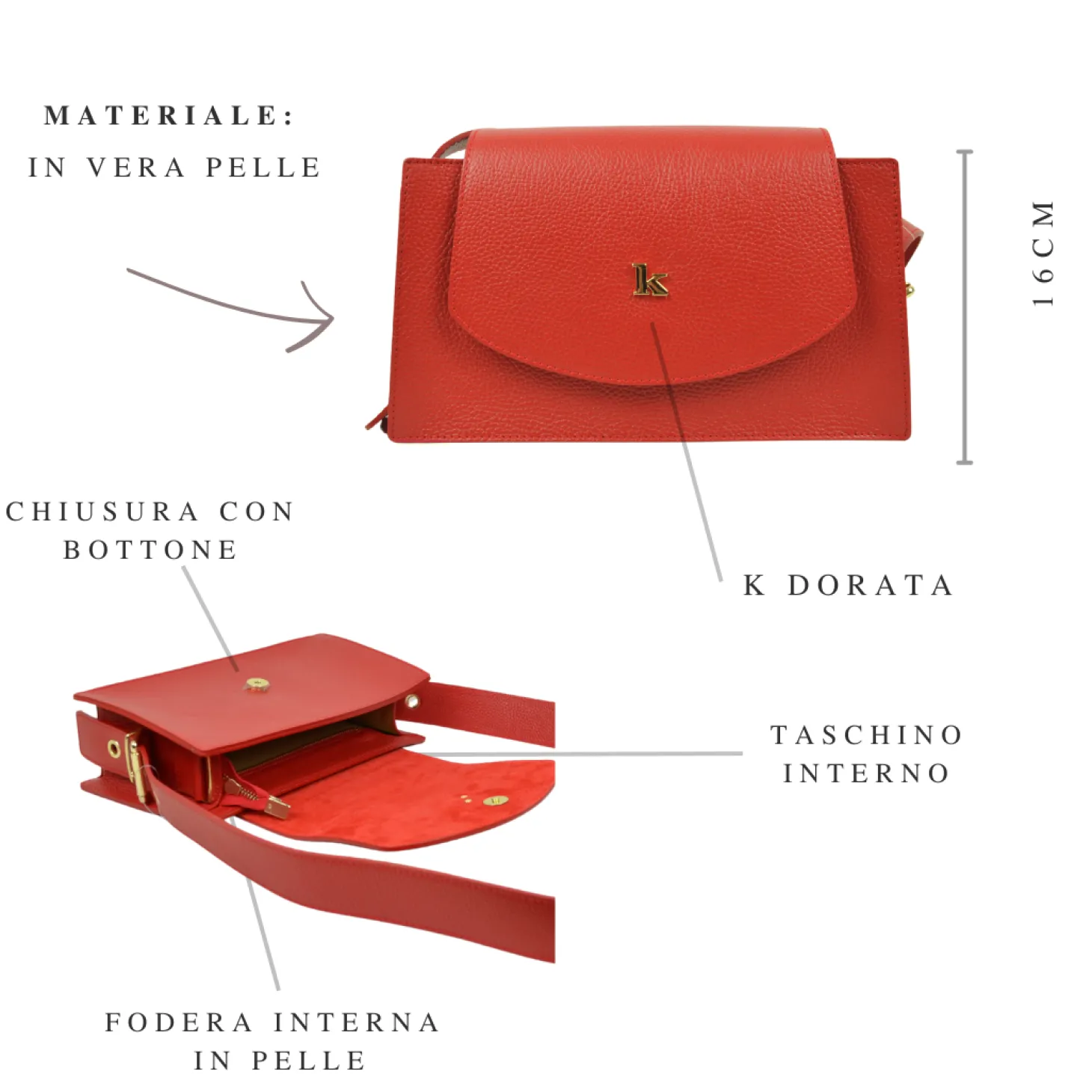 Borsa con Tracolla Regolabile in Pelle Rossa con Borchia "K" Made in I