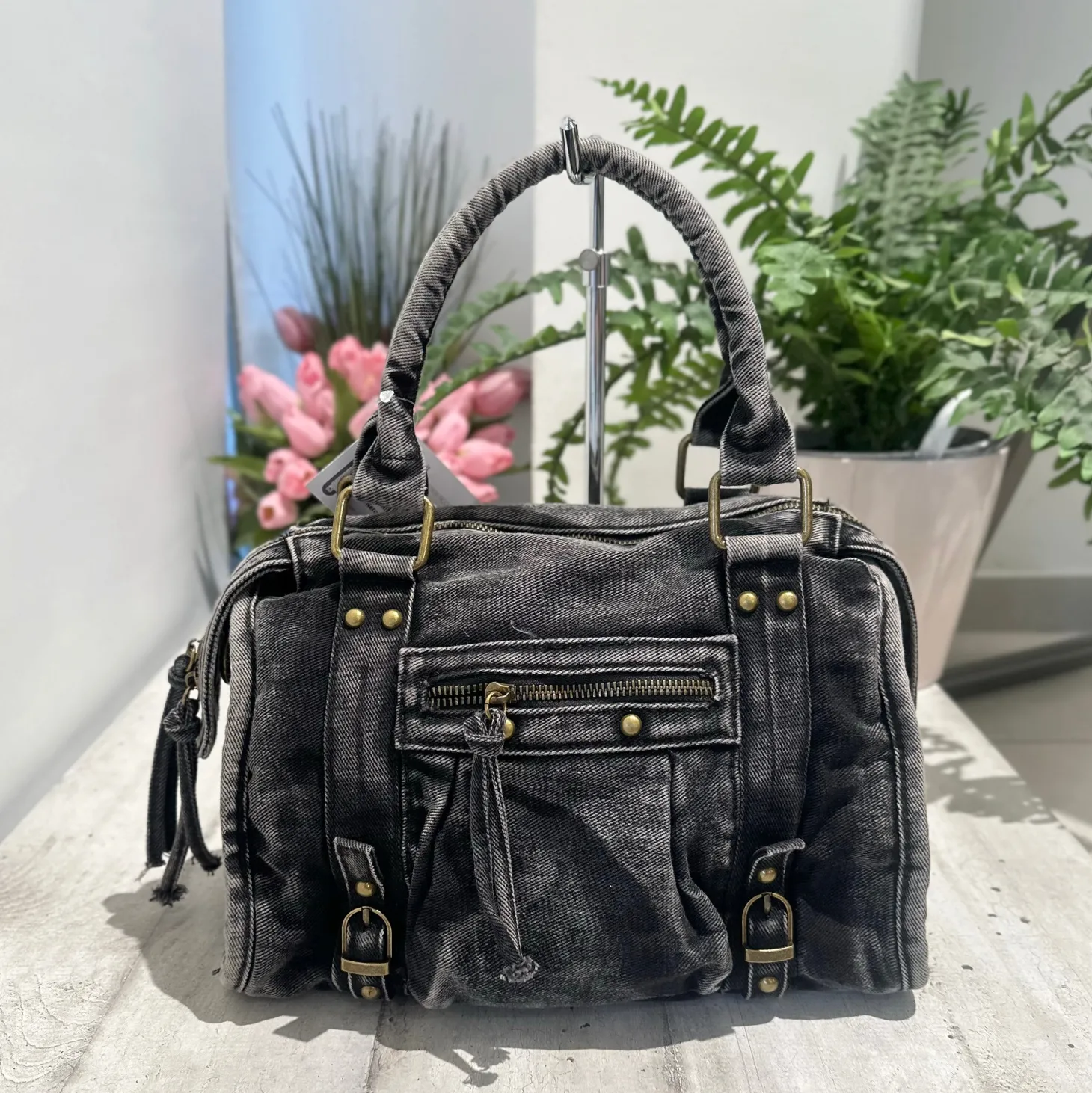 Borsa Maxi Jeans a Mano e con Tracolla all'interno e Zip DENIM Black L