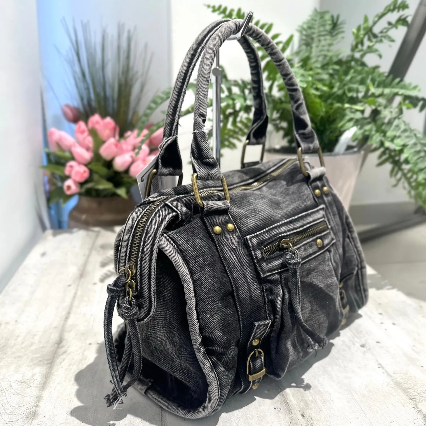 Borsa Maxi Jeans a Mano e con Tracolla all'interno e Zip DENIM Black L