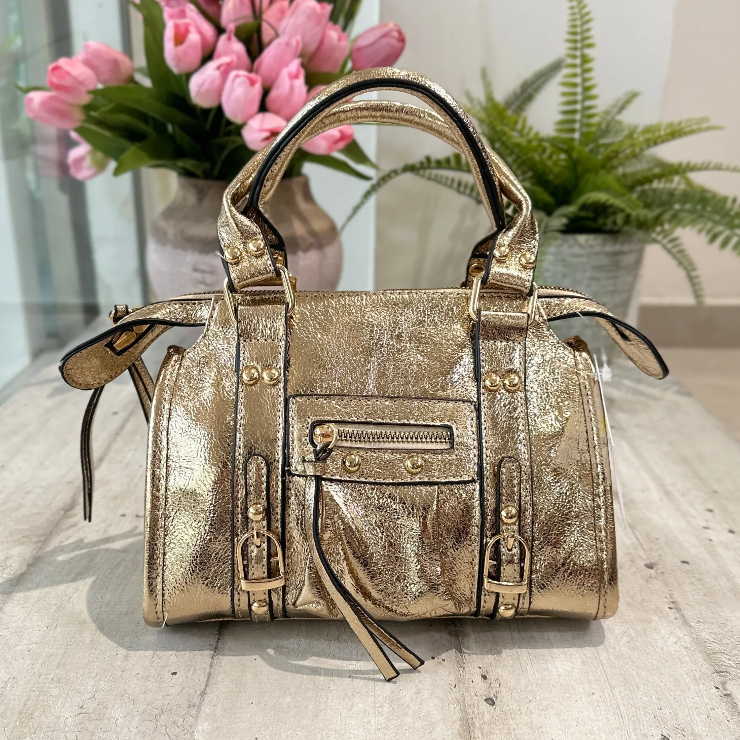 Borsa Mini color Bronzo Metal Similpelle a Spalla con Tracolla e Zip