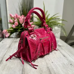 Borsa Mini Fuxia Laminata a Spalla con Tracolla Vera Pelle Vintage