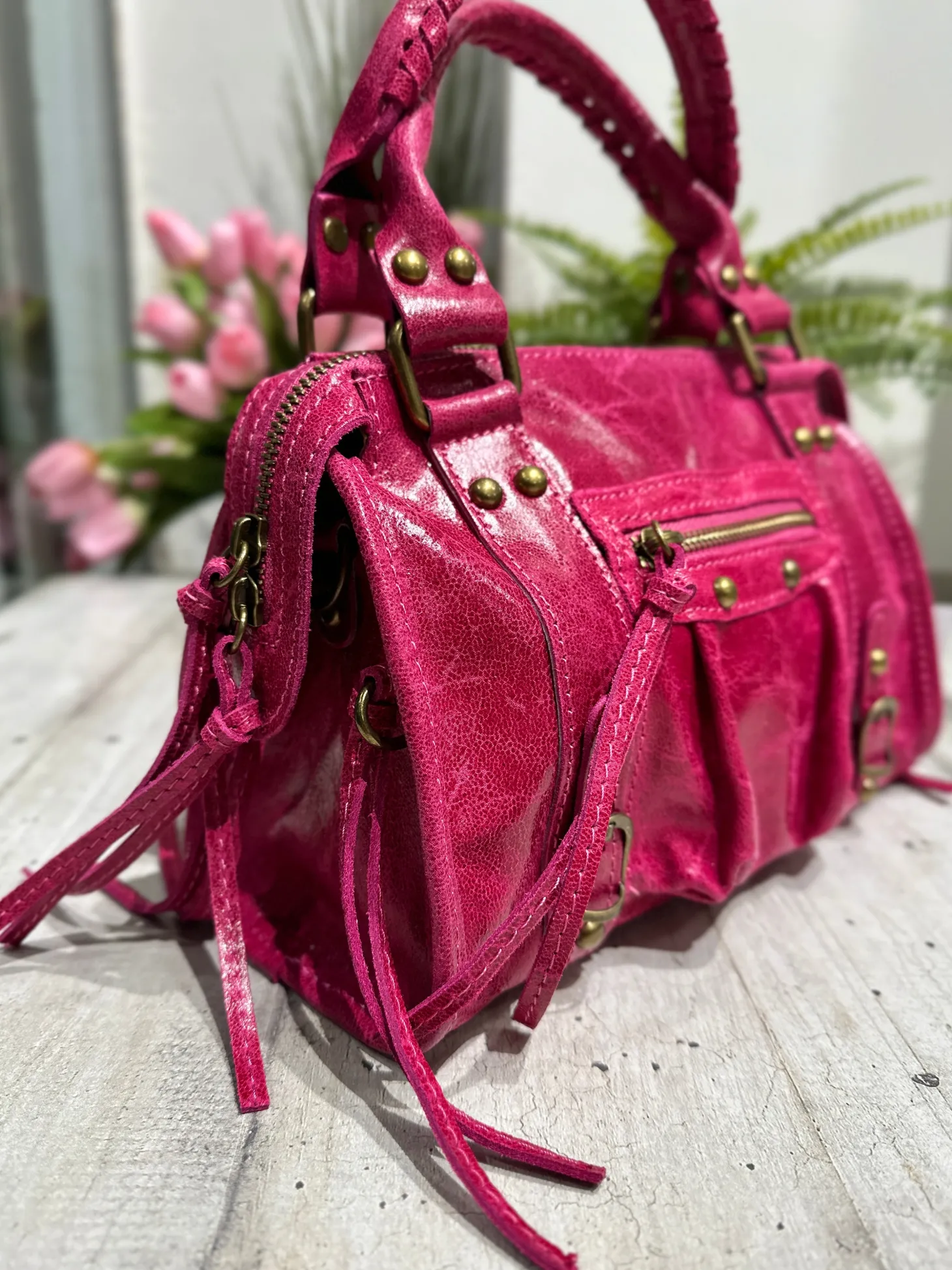 Borsa Mini Fuxia Laminata a Spalla con Tracolla Vera Pelle Vintage