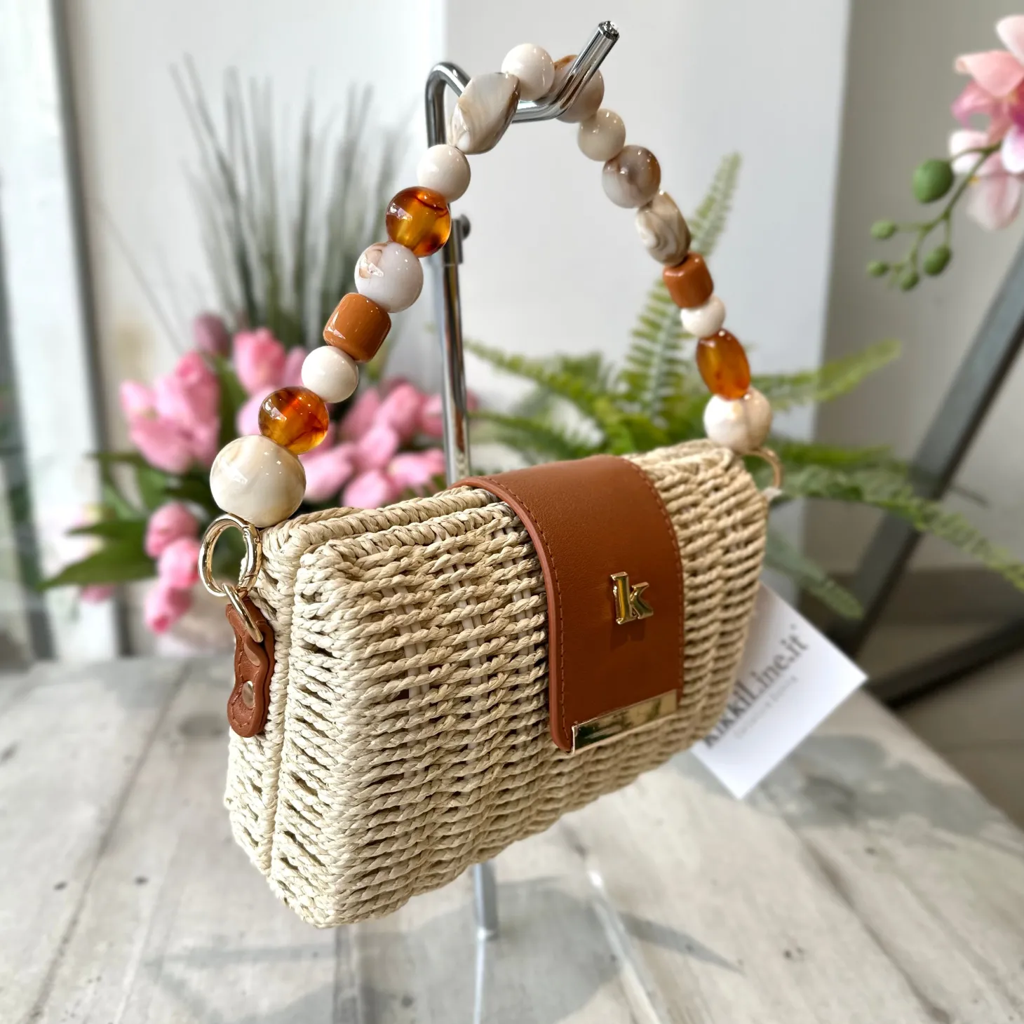 Borsetta Mini Pic-Nic Paglia e Manico di Pietre Ecru e Tracolla