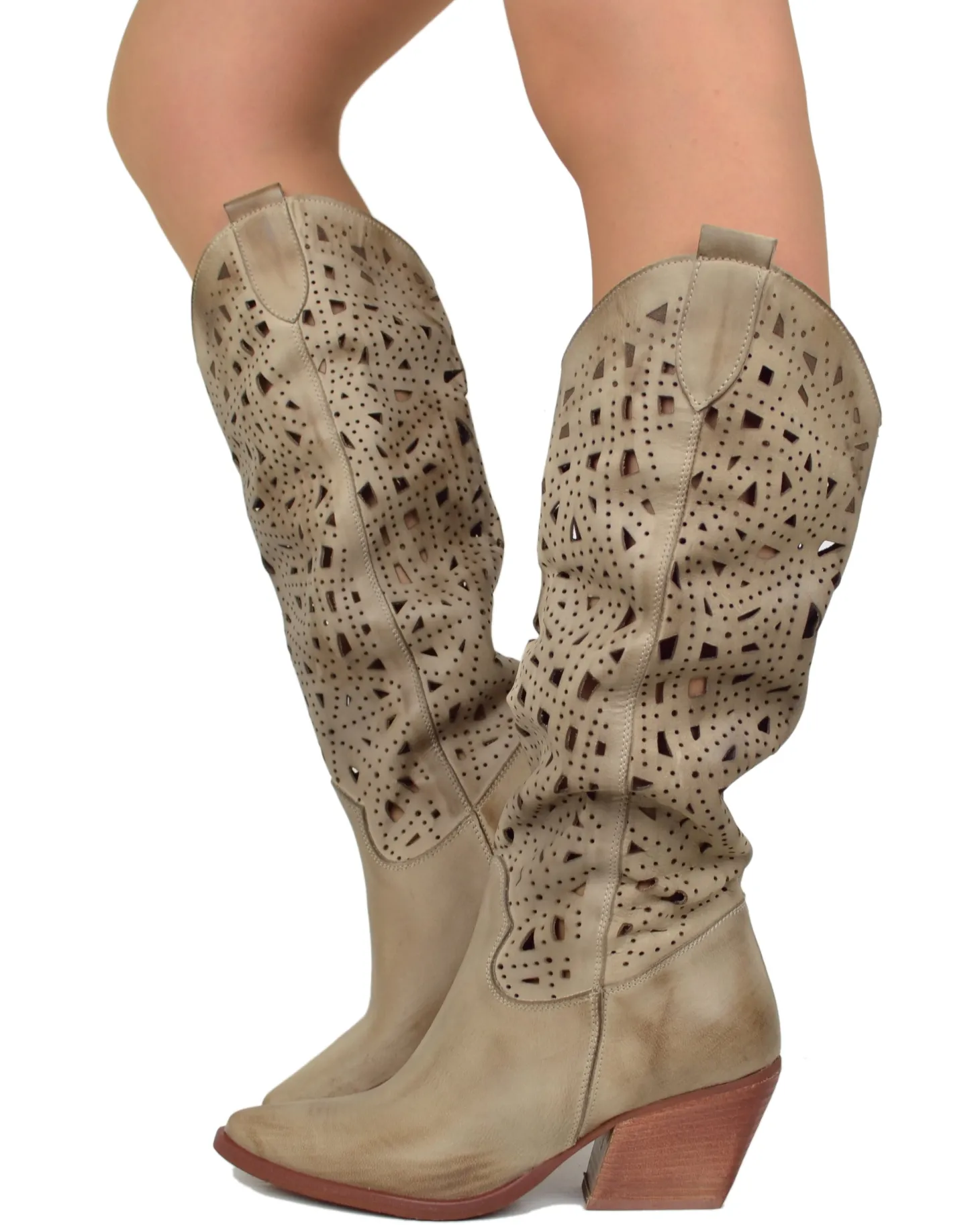 Brown Perforated Leather Cowboy Boots – Taupe, Made in Italy