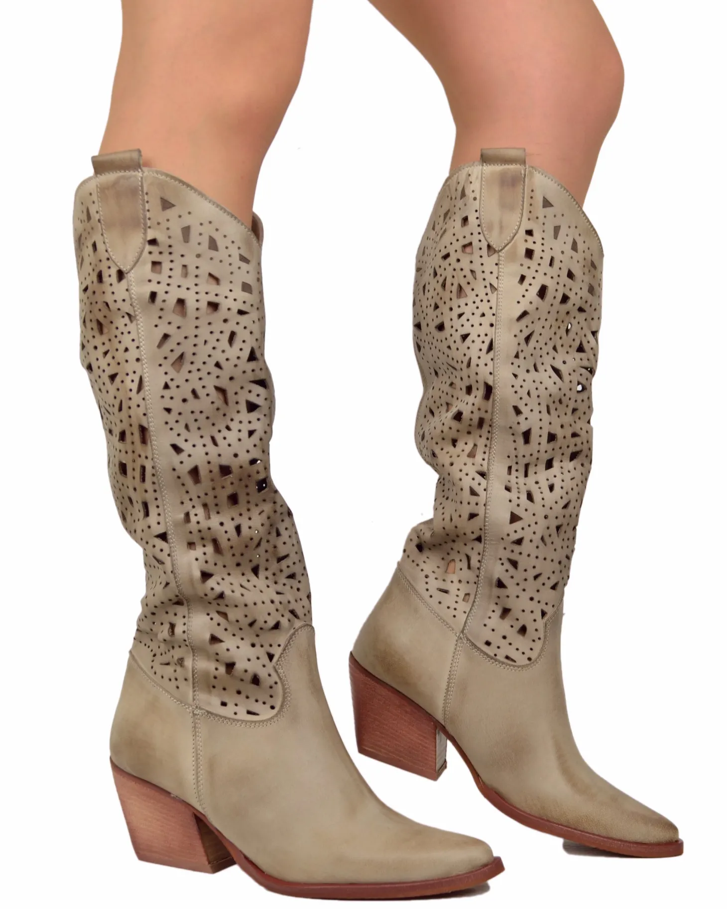 Brown Perforated Leather Cowboy Boots – Taupe, Made in Italy