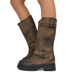 Brown Women's Biker Boots with Adjustable Buckles Made in Italy