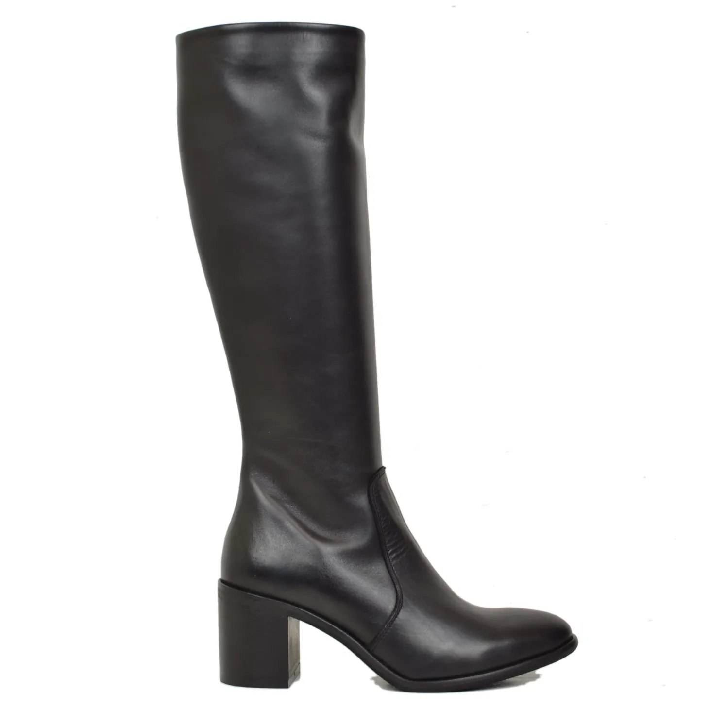 Classic Elegant Riding Boots Smooth Black 7cm Heel Wide Heel