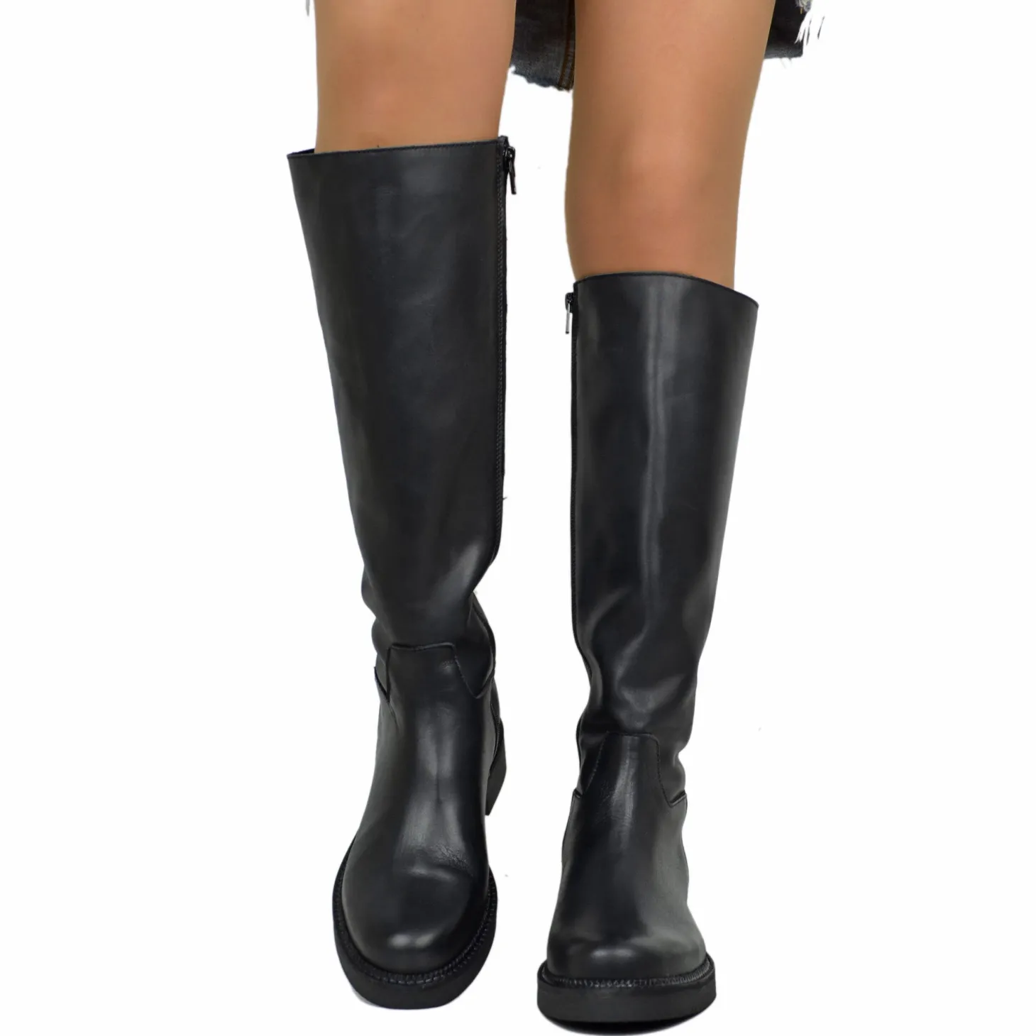 Classic High Boots Camperos Round Toe with Zip in Real Leather