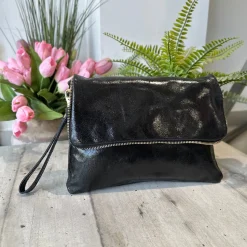 Clutch a Mano Borsa VERA PELLE effetto Vintage Nera GINEVRA tracolla a