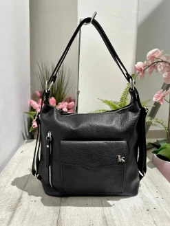 Convertible Shoulder Bag in Genuine Leather – Black, Logo K