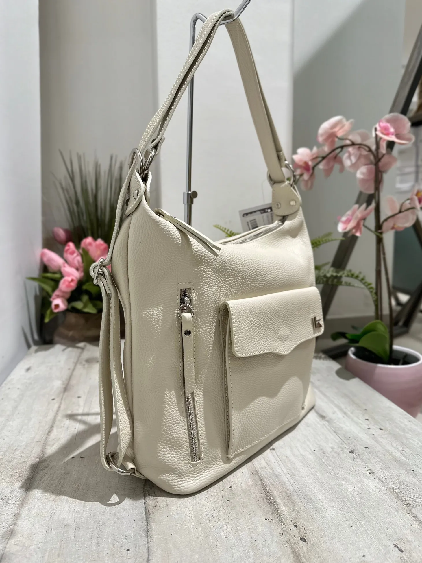 Convertible Shoulder Bag in Genuine Leather – Cream, Logo K