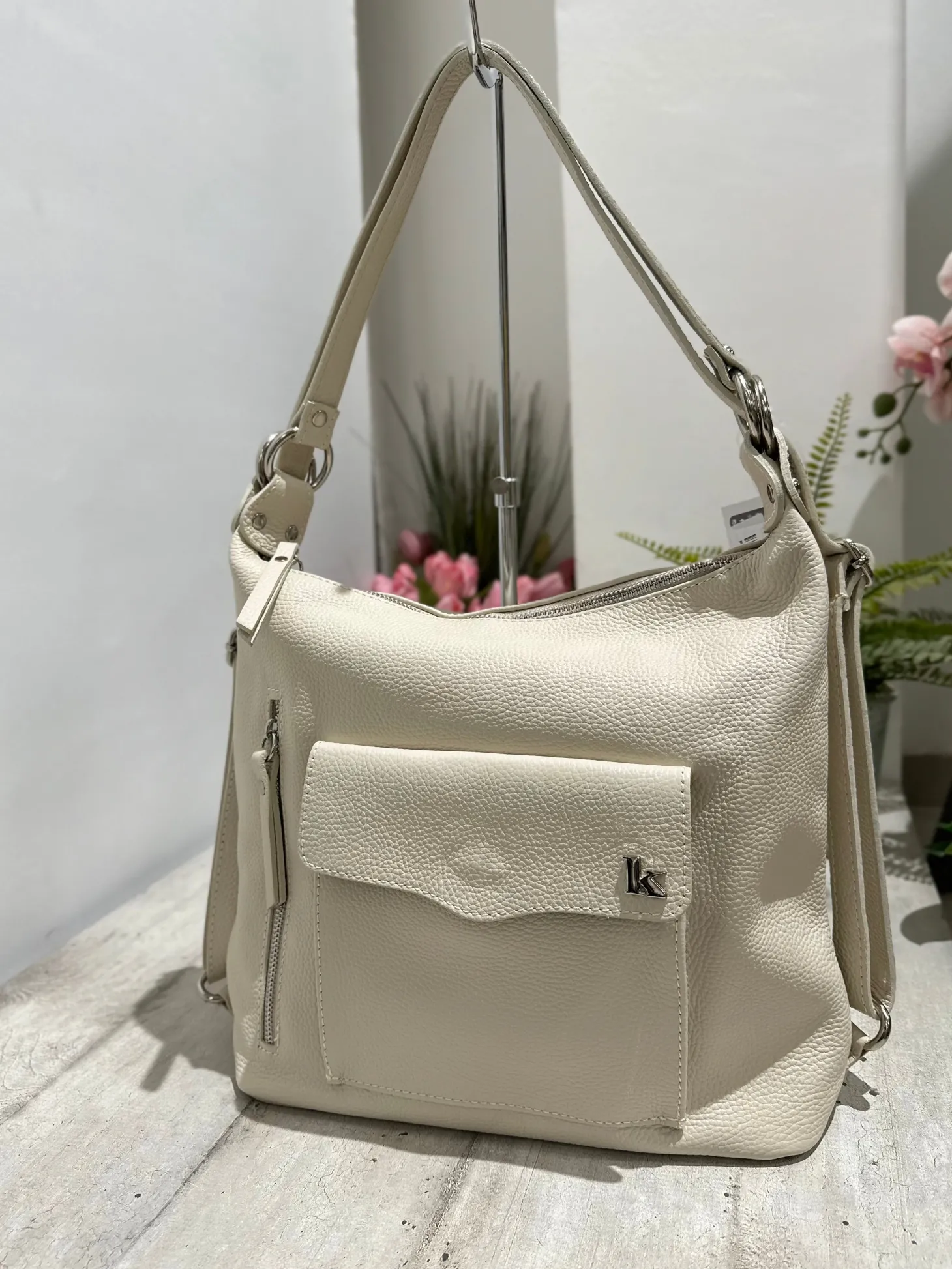 Convertible Shoulder Bag in Genuine Leather – Cream, Logo K