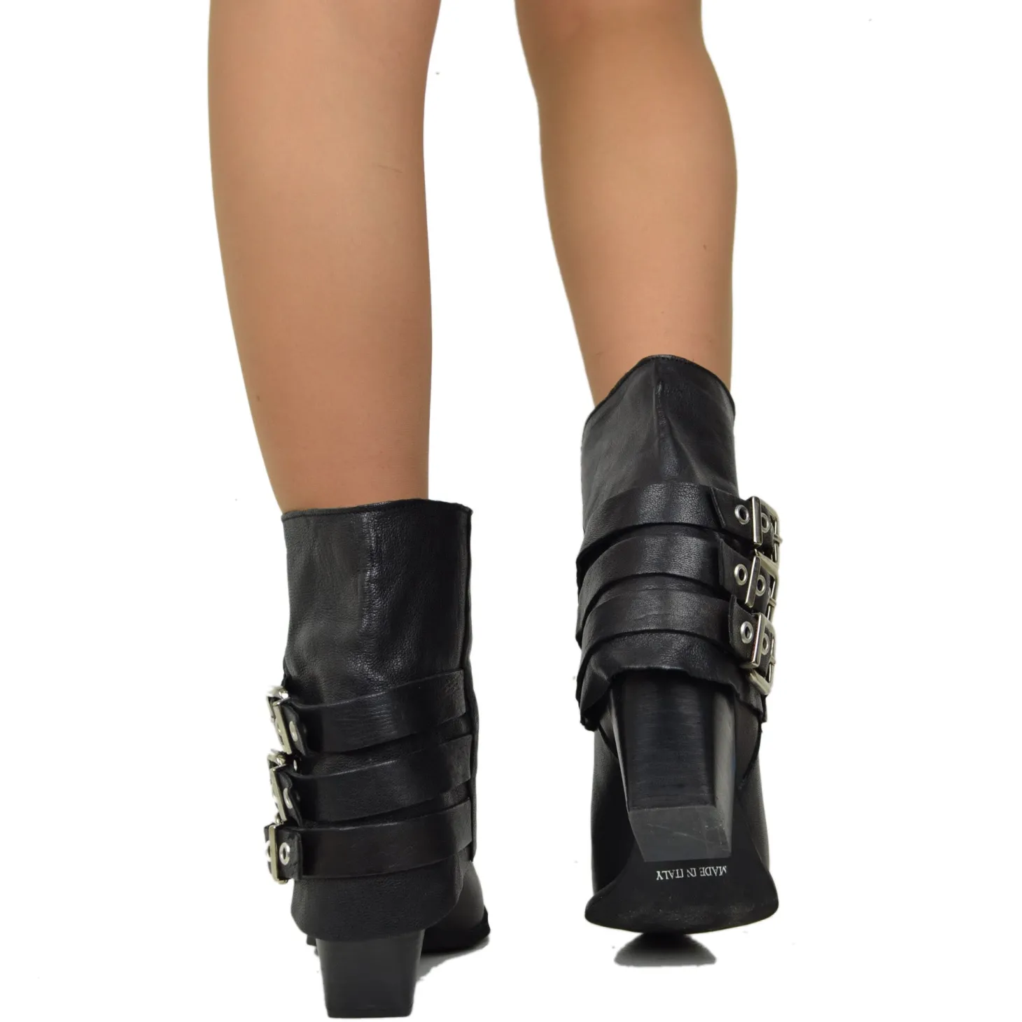 Cowboy Ankle Boots with Gaiter and Silver Buckles, Bold Genuine Black