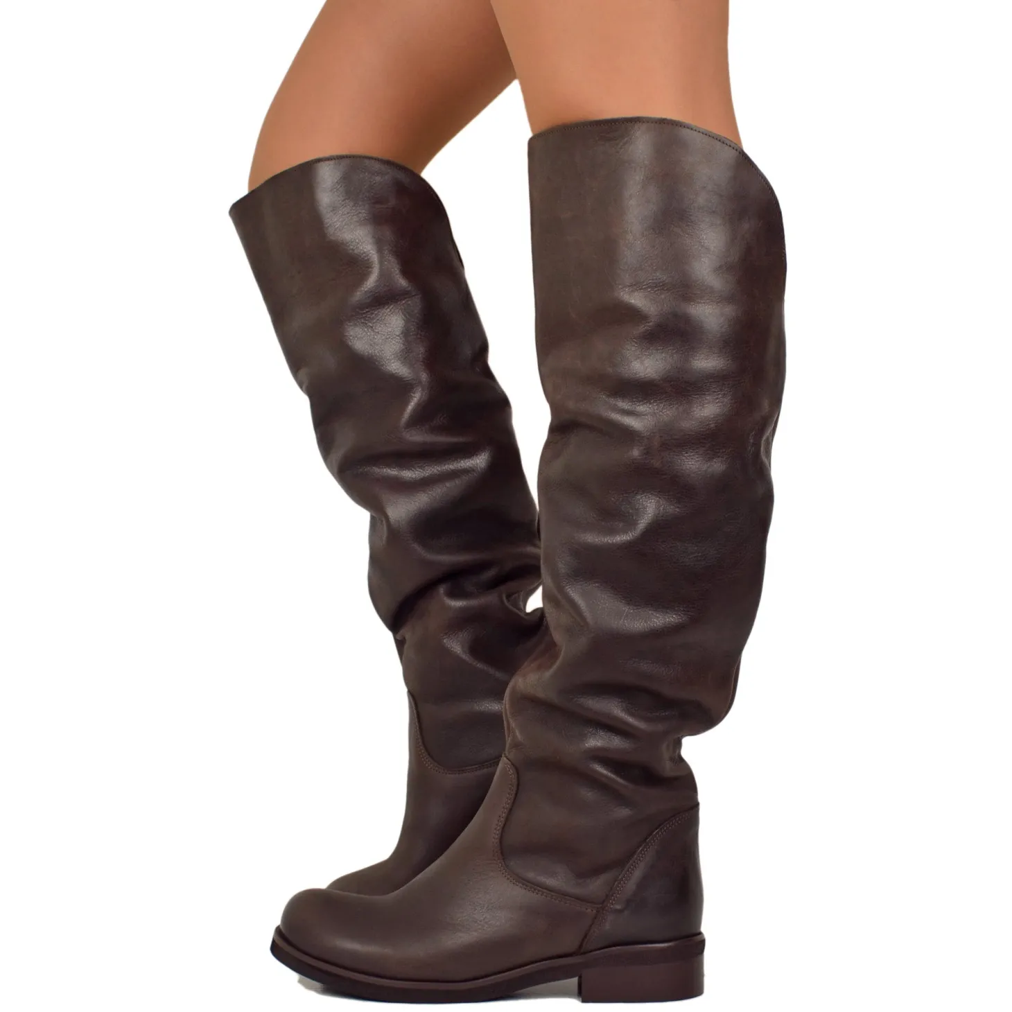 Dark Brown Leather Knee High Boots Low Heel
