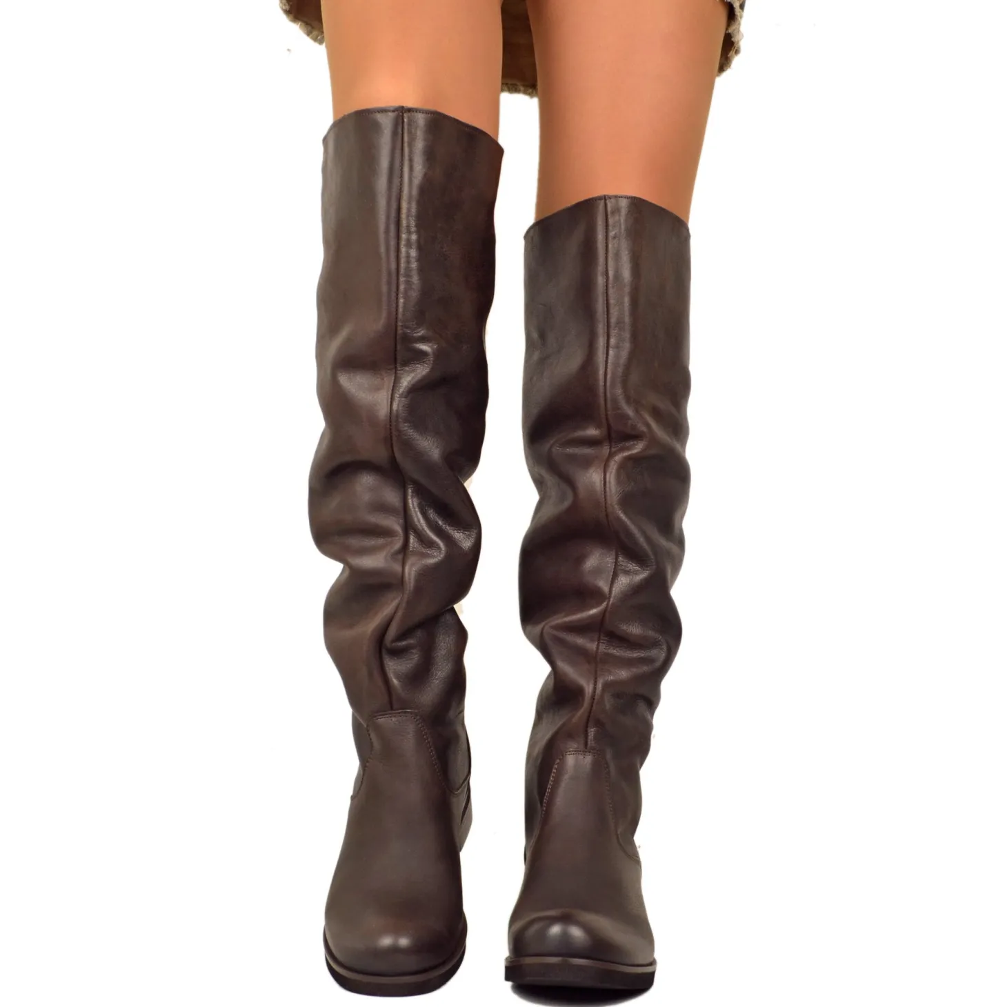 Dark Brown Leather Knee High Boots Low Heel