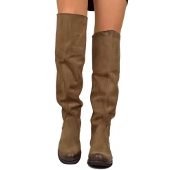 Dark Brown Nabuk Leather Knee High Boots Low Heel