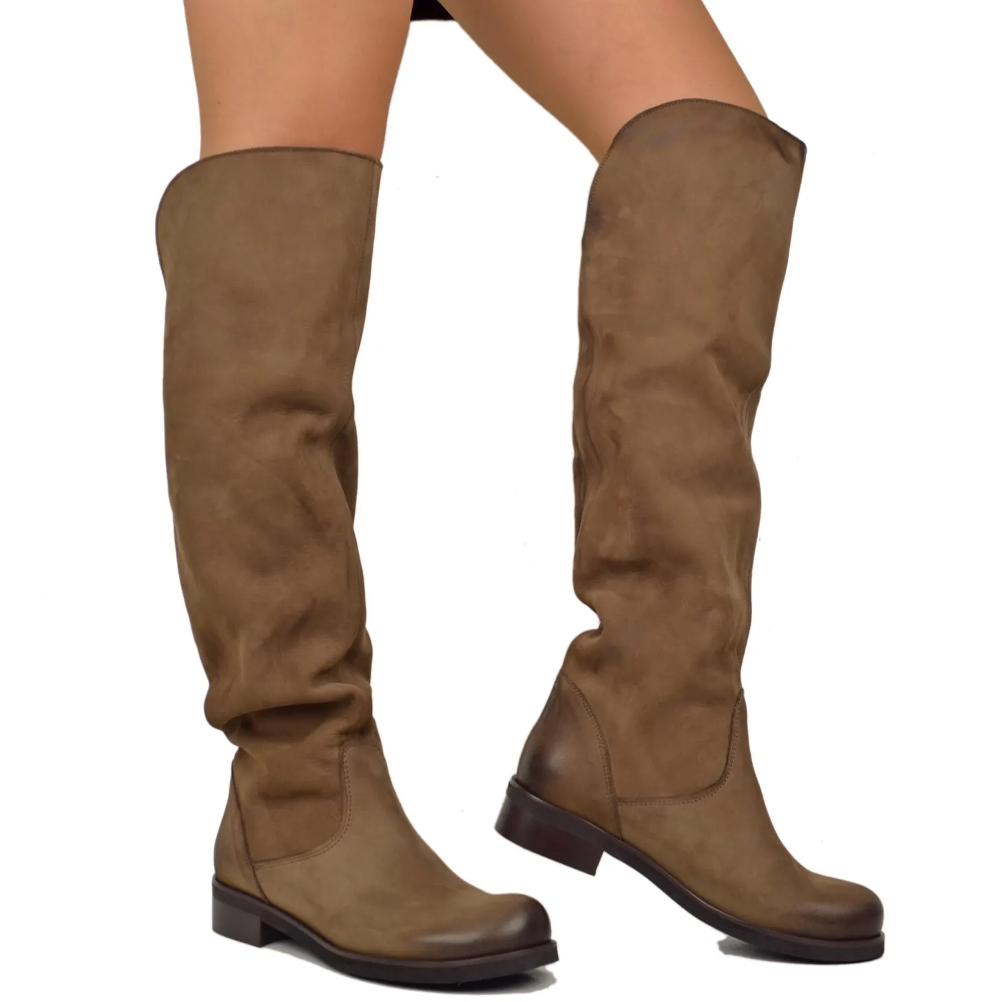 Dark Brown Nabuk Leather Knee High Boots Low Heel