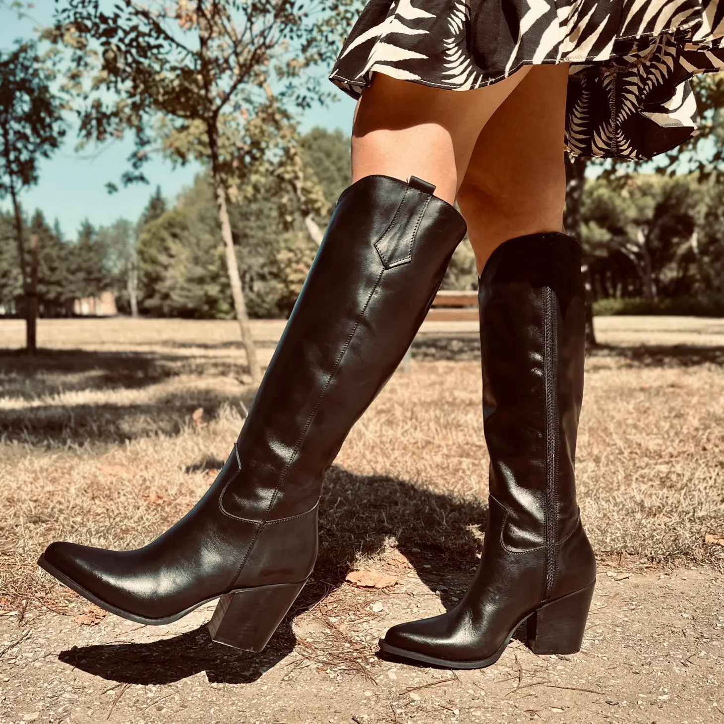 Elegant High Texan Boots with Zip Tight Shaft 8cm Heel Genuine Leather