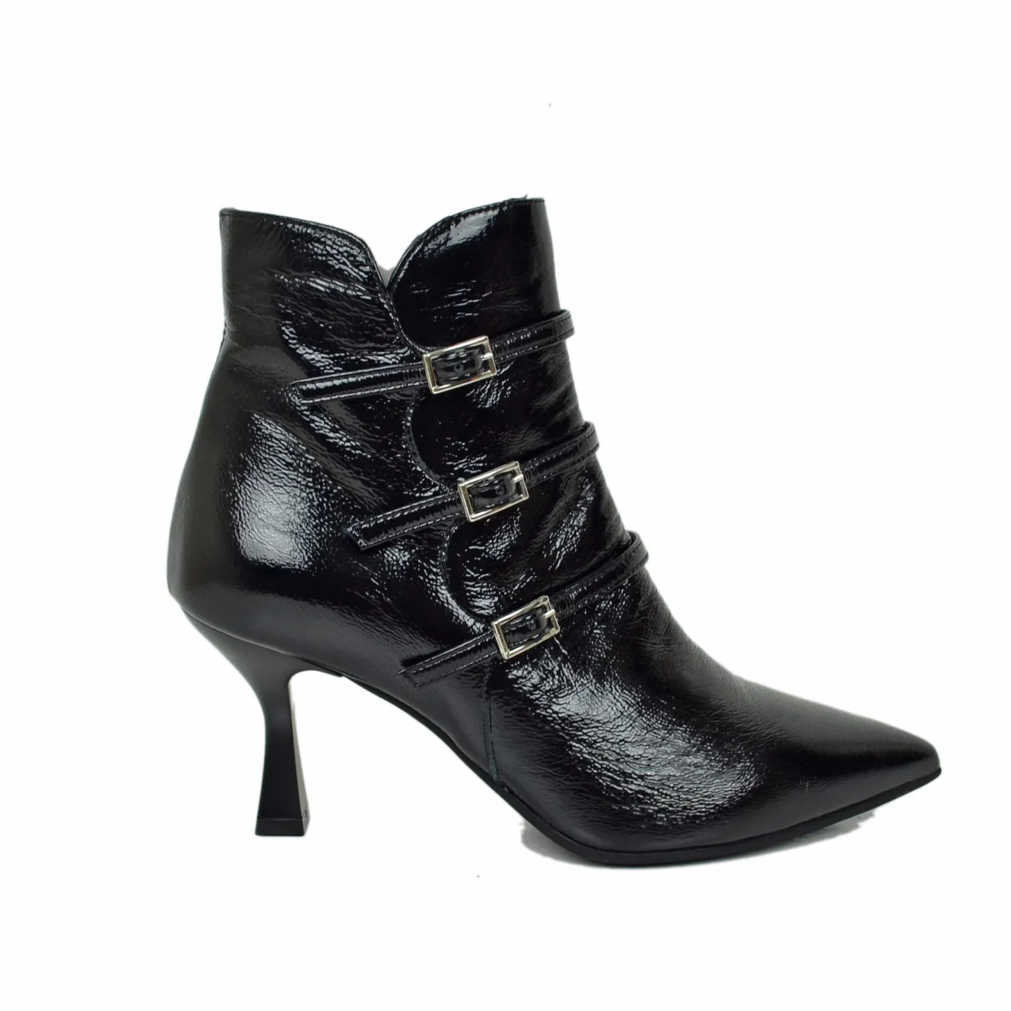 Elegant Spool Heel Ankle Boots in Soft Black Naplak Patent Leather