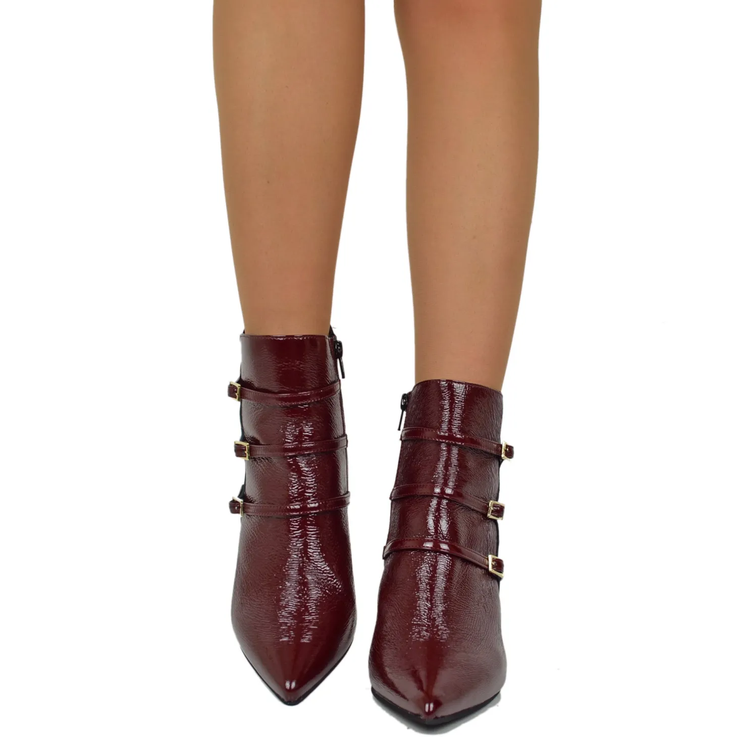 Elegant Spool Heel Ankle Boots in Soft Naplak Patent Burgundy