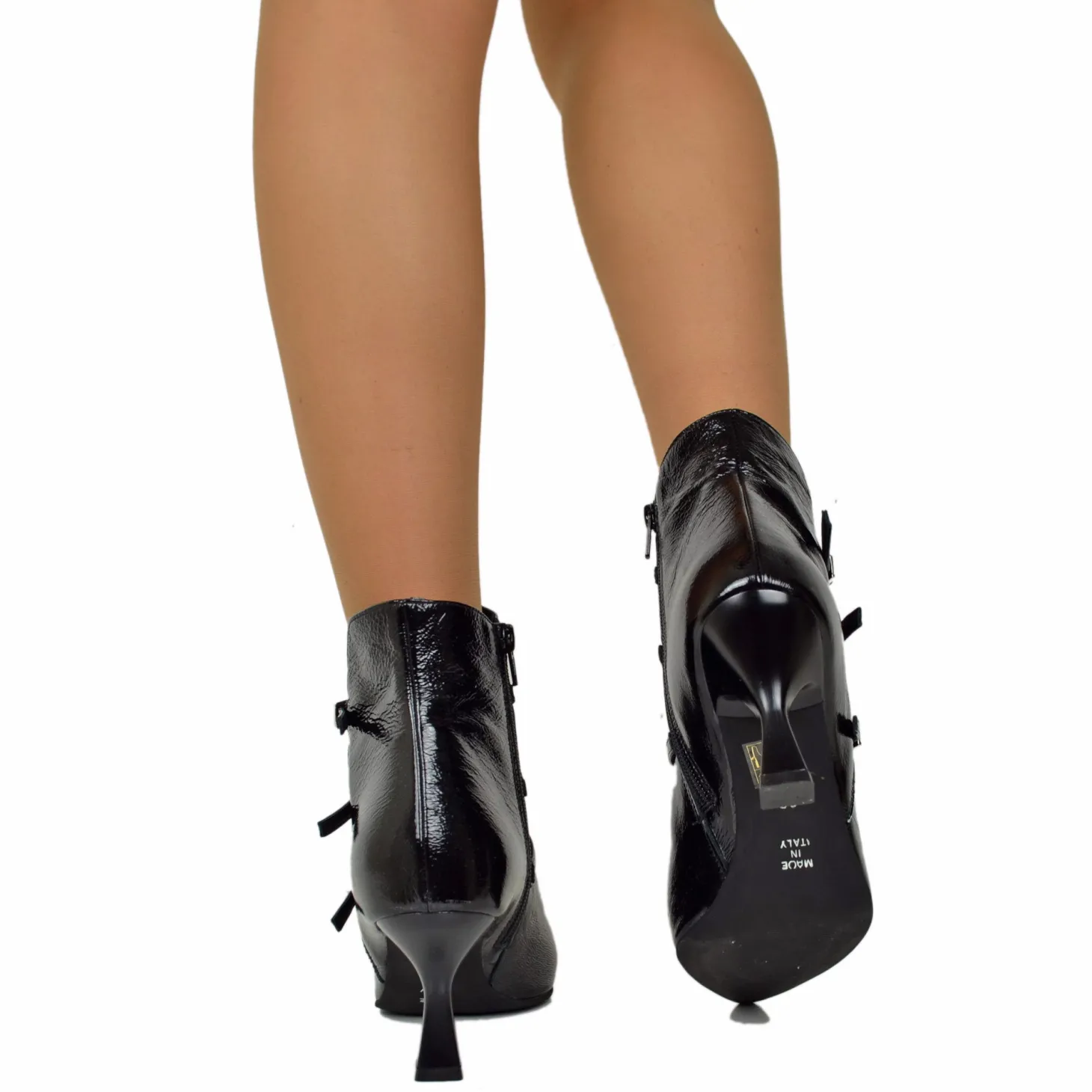 Elegant Spool Heel Ankle Boots in Soft Black Naplak Patent Leather