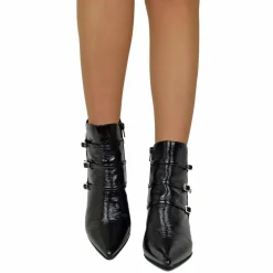 Elegant Spool Heel Ankle Boots in Soft Black Naplak Patent Leather