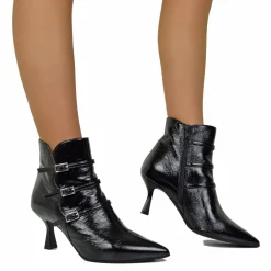 Elegant Spool Heel Ankle Boots in Soft Black Naplak Patent Leather