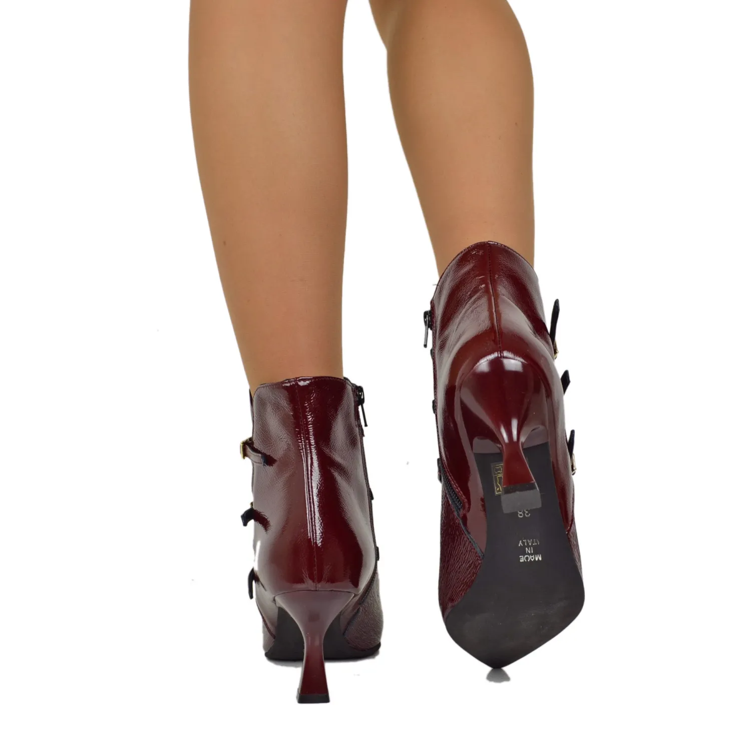 Elegant Spool Heel Ankle Boots in Soft Naplak Patent Burgundy