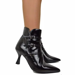 Elegant Spool Heel Ankle Boots in Soft Black Naplak Patent Leather