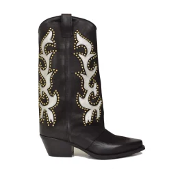 Embroidered and Studded Bicolor Nubuck Leather Texan Cowboy Boots - LI