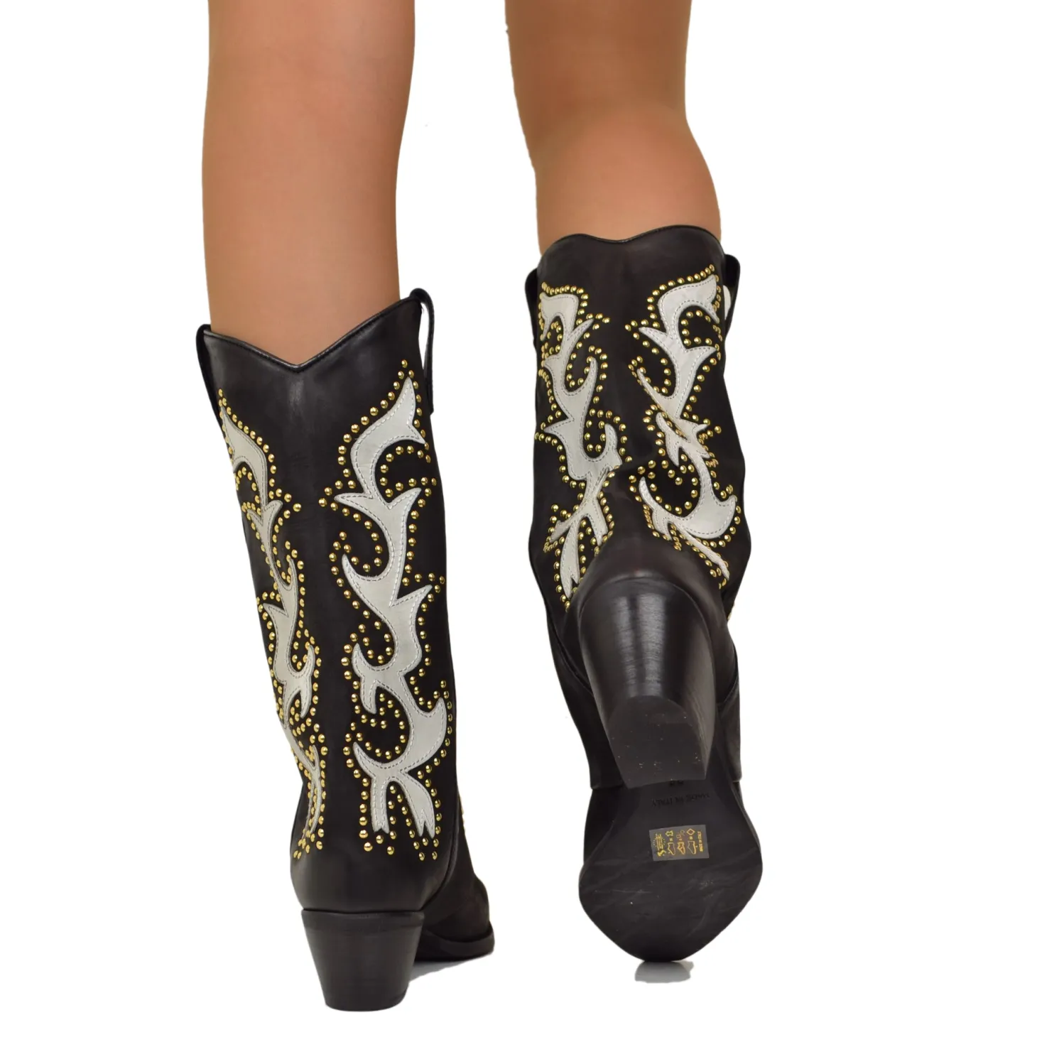Embroidered and Studded Bicolor Nubuck Leather Texan Cowboy Boots - LI