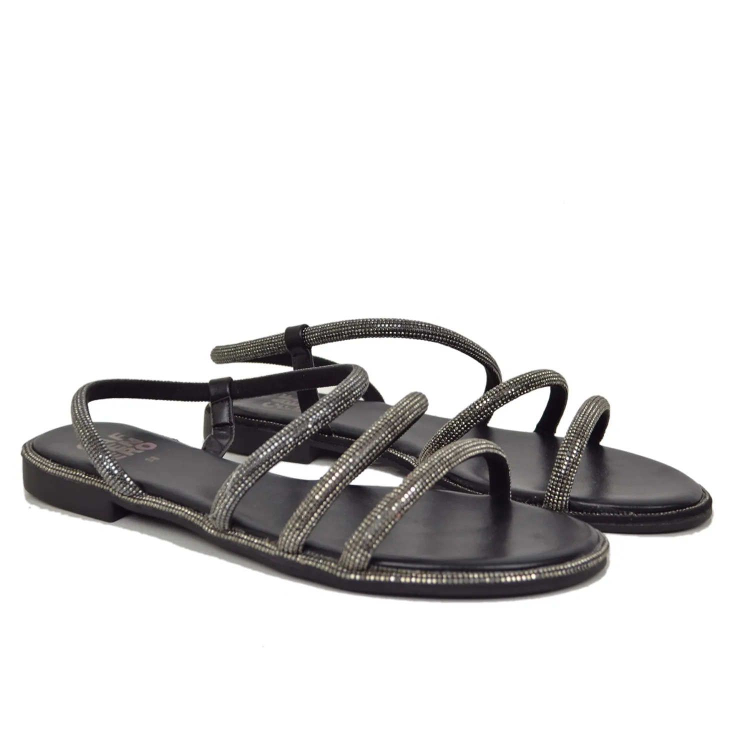 Flat Sandals with Rhinestones and Heel in Simulated Leather Brand Caff
