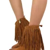 Fringed Ankle Cowboy Boots – High Heel, Suede Tan