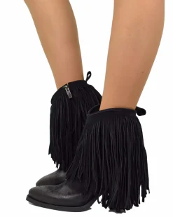 Fringed Ankle Cowboy Boots – High Heel, Black Suede