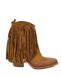 Fringed Ankle Cowboy Boots – High Heel, Suede Tan