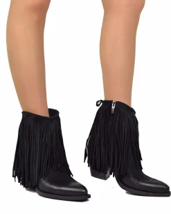 Fringed Ankle Cowboy Boots – High Heel, Black Suede