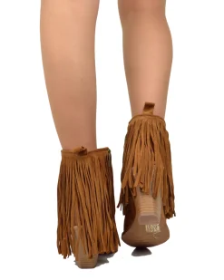 Fringed Ankle Cowboy Boots – High Heel, Suede Tan