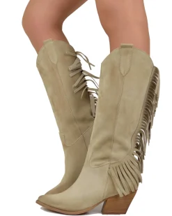 Fringed Western Cowboy Boots in Suede Leather Tan