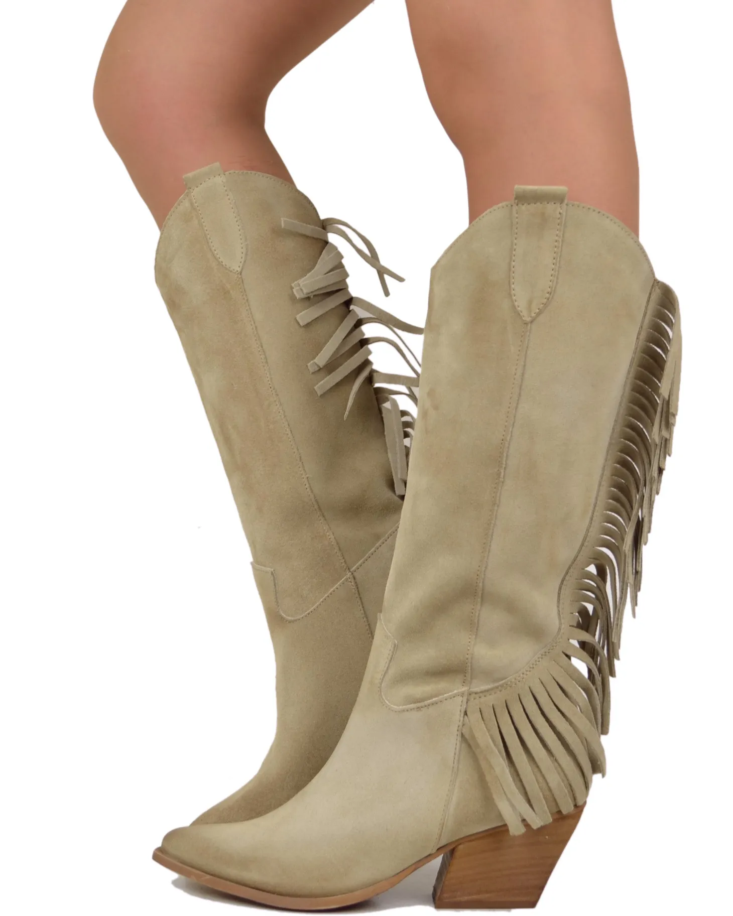 Fringed Western Cowboy Boots in Suede Leather Tan