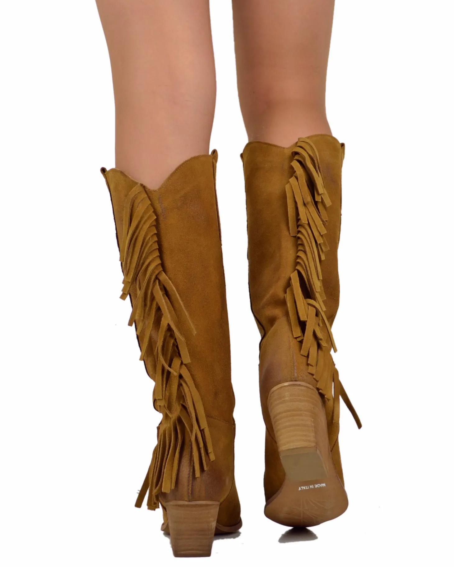 Fringed Western Cowboy Boots in Suede Leather – Tan