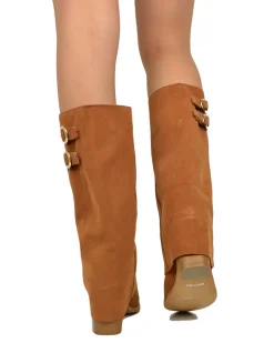 Gaiter Boots with Round Toe and 8 cm Heel in Suede Leather Brown