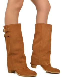 Gaiter Boots with Round Toe and 8 cm Heel in Suede Leather Brown