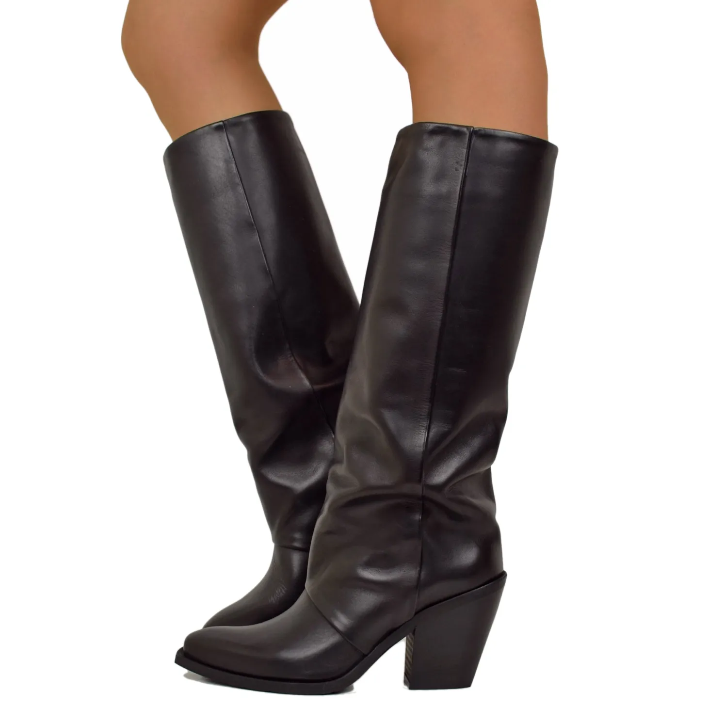 High Cowboy Texan Boots with Gaiter, Smooth Leather, High Heel, Black