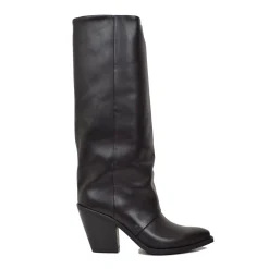 High Cowboy Texan Boots with Gaiter, Smooth Leather, High Heel, Black