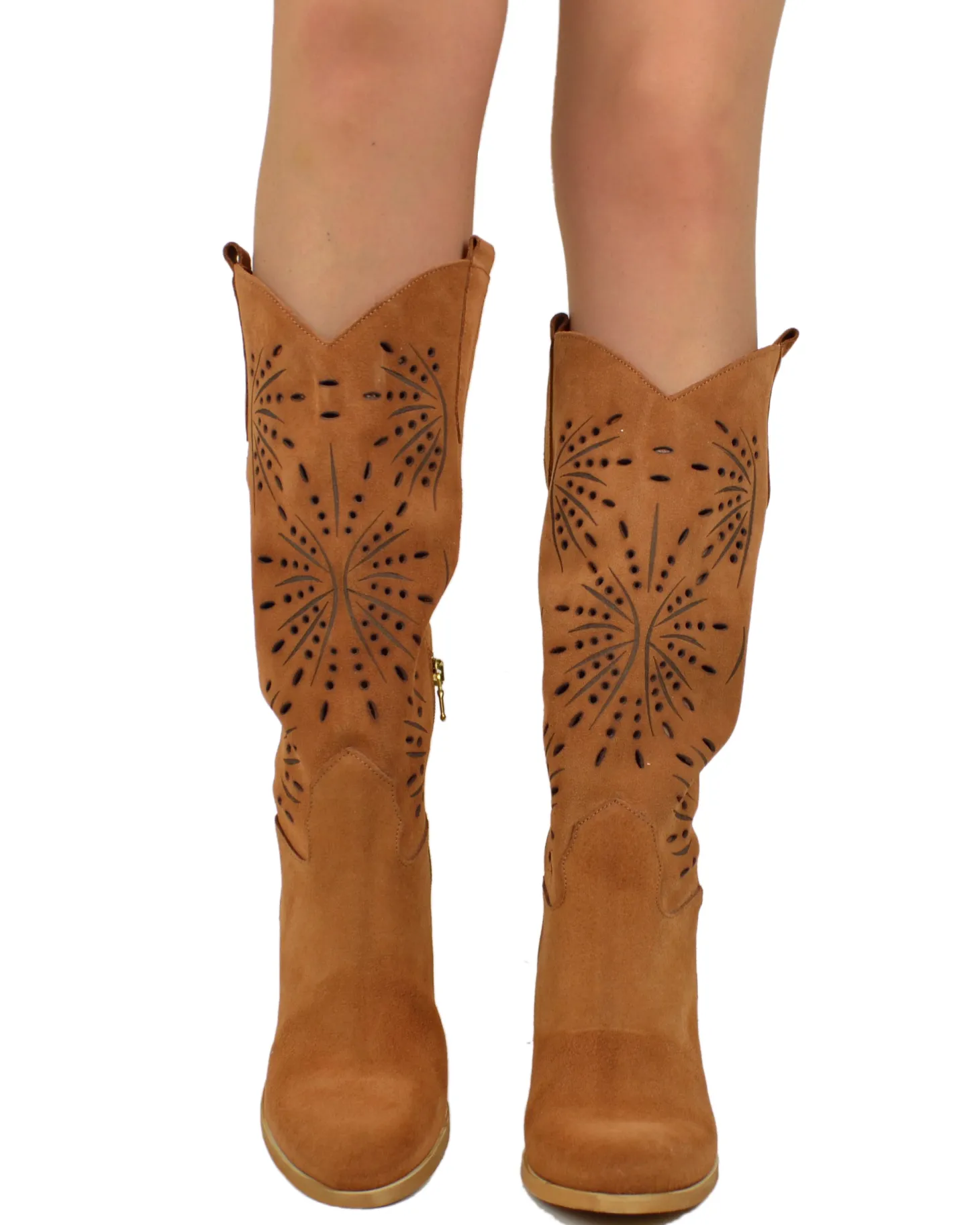 High Heel Boots Round Toe Suede Leather Floral Laser-Cut Perforated –